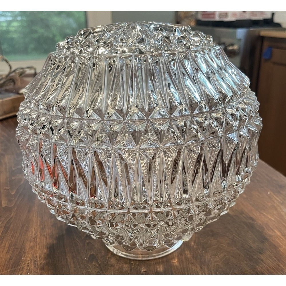 Vintage Light Globe Crystal Clear 9 1/2" Diamond Point Cut Glass 4" Fitter Large